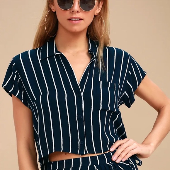 Billabong Tropical Crush Navy Blue Striped Button-Up Crop Top- Size Small - Picture 1 of 14